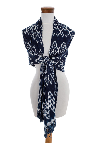 Rayon ikat shawl, 'Navy Blue Silhouettes' - Navy and White Ikat Shawl from Guatemala