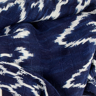 Rayon ikat shawl, 'Navy Blue Silhouettes' - Navy and White Ikat Shawl from Guatemala