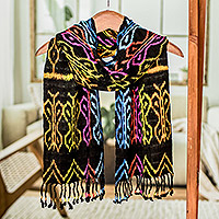 Rayon ikat scarf, 'Bright Silhouettes'