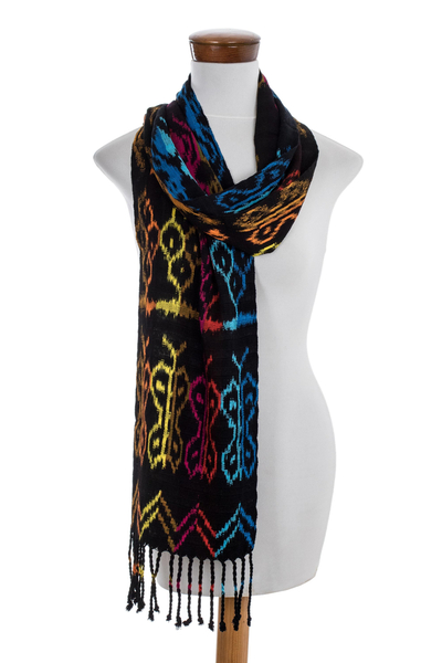 Rayon ikat scarf, 'Bright Silhouettes' - Hand Woven Black Ikat Scarf