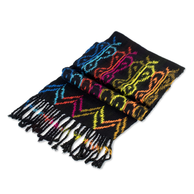 Rayon ikat scarf, 'Bright Silhouettes' - Hand Woven Black Ikat Scarf