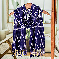 Rayon ikat scarf, 'Silhouette in Violet' - Hand Woven Violet and White Ikat Scarf