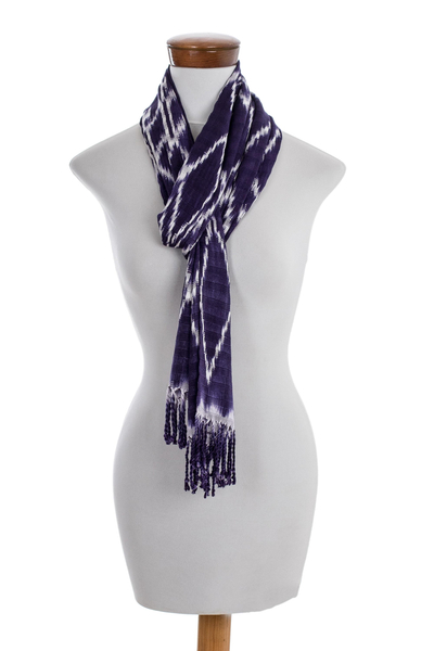 Rayon ikat scarf, 'Silhouette in Violet' - Hand Woven Violet and White Ikat Scarf