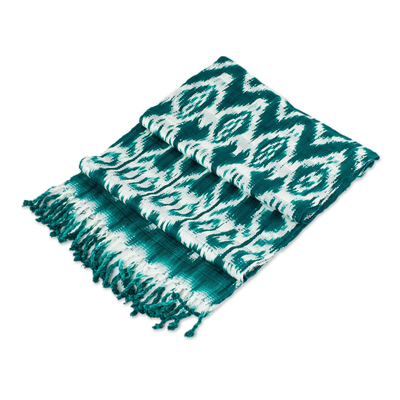 Rayon-Ikat-Schal - Handgefertigter Rayon-Ikat-Schal in Blaugrün und Weiß