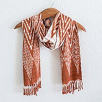 Rayon ikat scarf, 'Silhouette in Burnt Sienna' - Hand Woven Ikat Pattern Burnt Sienna Scarf