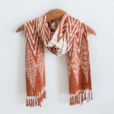 Rayon ikat scarf, 'Silhouette in Burnt Sienna' - Hand Woven Ikat Pattern Burnt Sienna Scarf
