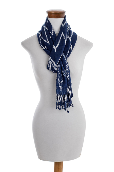 Rayon ikat scarf, 'Silhouette in Navy' - Artisan Crafted Blue and White Ikat Scarf