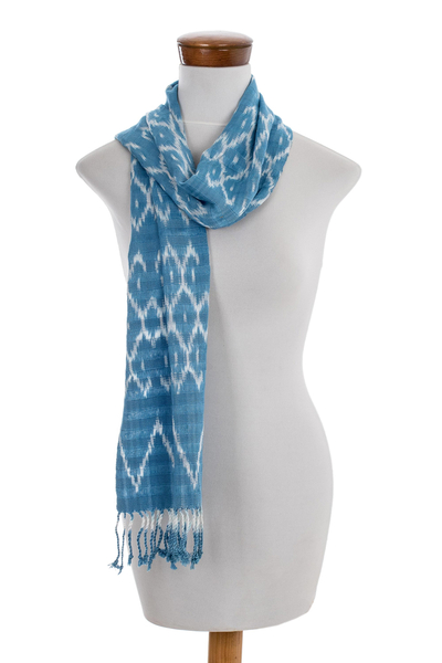 Rayon ikat scarf, 'Silhouette in Cyan' - Rayon Ikat Scarf in Light Blue and White