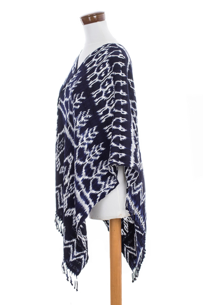 Rayon ikat poncho, 'Navy Blue Silhouettes' - Dark Blue and White Ikat Poncho