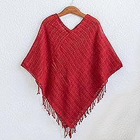 Cotton poncho, 'Fresh Chili' - Bright Red Open Weave Cotton Poncho