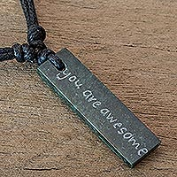 Jade pendant necklace, 'Remember You Are Awesome' - Handmade Jade Necklace with Inspirational Message