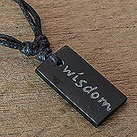 Jade pendant necklace, 'Wisdom in Black' - Wisdom Inscribed Black Jade Necklace