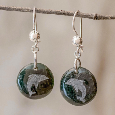 Jade dangle earrings, 'Love of Nature - Dolphin' - Sterling Silver and Jade Dolphin Dangle Earrings