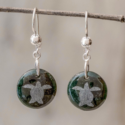 Jade dangle earrings, 'Love of Nature - Turtle' - Sterling Silver and Jade Turtle Dangle Earrings