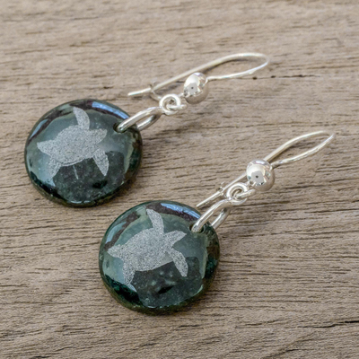 Jade dangle earrings, 'Love of Nature - Turtle' - Sterling Silver and Jade Turtle Dangle Earrings