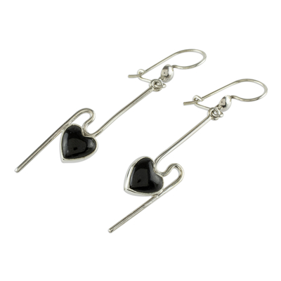 Jade dangle earrings, 'On the Curve in Black' - Sterling Silver and Black Jade Earrings
