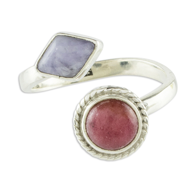 Jade and rhodonite wrap ring, 'Chance Encounter' - Rhodonite and Lilac Jade Wrap Ring