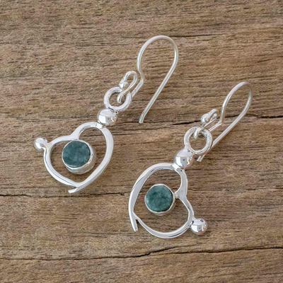 Jade dangle earrings, 'Ancestral Love' - Sterling Silver and Jade Heart Dangle Earrings