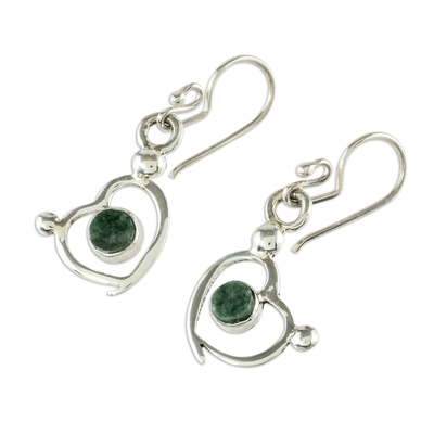 Jade dangle earrings, 'Ancestral Love' - Sterling Silver and Jade Heart Dangle Earrings