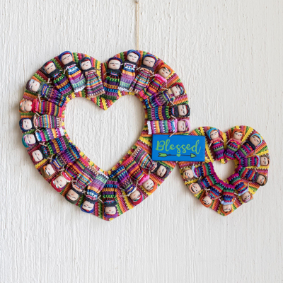 Cotton worry doll wreath, 'Hearts are Blessed' - Handmade Guatemalan Worry Doll Double Heart Wreath