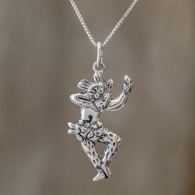 Sterling silver pendant necklace, 'Jaguar Dancer' - Museum Replica Sterling Silver Mayan Jaguar Dancer Necklace