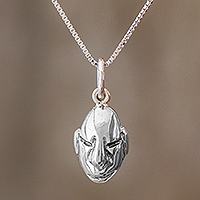 Sterling silver pendant necklace, 'Priest of Tikal' - Guatemalan Sterling Silver Mayan Mask Unisex Necklace