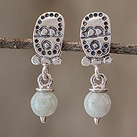 Light green jade dangle earrings, 'Harvest Month' - Light Green Jade & Silver Mayan Harvest Glyph Earrings