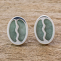 Jade stud earrings, 'Cafe Guatemala' - Coffee Bean Shaped Jade and Sterling Earrings