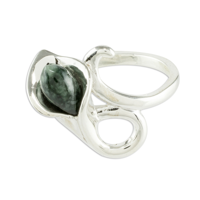 Handmade Dark Green Jade and Silver Cocktail Ring