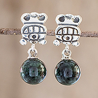Jade dangle earrings, 'Uayeb' - Mayan Jade Sterling Silver Uayeb Calendar Glyph Earrings