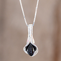 Jade pendant necklace, 'Mixco Lily in Black' - Black Jade Calla Lily Pendant Necklace