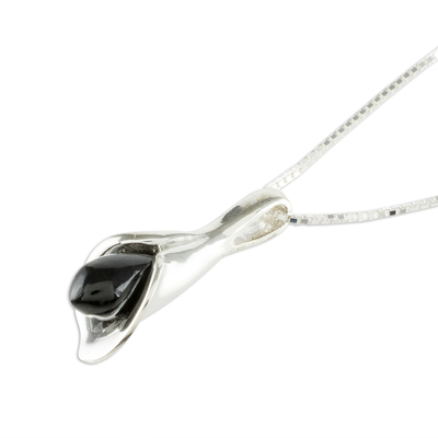 Halskette mit Jade-Anhänger - Halskette mit Calla-Lilien-Anhänger aus schwarzer Jade