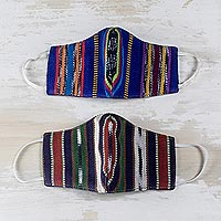 Handwoven cotton face masks, 'Highland Colors' (S/M, pair) - Hand Loomed Multicolor Small-Medium Face Masks (Pair)