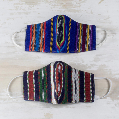 Handwoven cotton face masks, 'Highland Colors' (S/M, pair) - Hand Loomed Multicolor Small-Medium Face Masks (Pair)