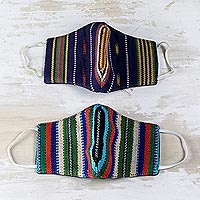 Handwoven cotton face masks, 'Highland Stripes' (S/M, pair) - Hand Woven Striped Small-Medium Cotton Face Masks (Pair)