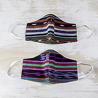 Handwoven cotton face masks, 'Harmonious Stripes' (L/XL, pair) - Hand Loomed Striped Cotton Face L/XL Masks (Pair)
