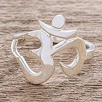 Sterling silver cocktail ring, 'Spiritual Journey' - Artisan Crafted Om Symbol Cocktail Ring