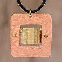 Copper and brass pendant necklace, 'Modern Metal' - Mixed Metal Pendant Necklace