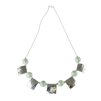 Jade pendant necklace, 'Panajachel Sun' - Hammered Sterling Silver and Jade Necklace