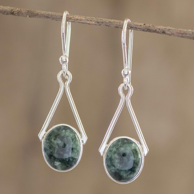 Jade dangle earrings, 'Maya Trapeze in Dark Green' - Artisan Crafted Silver and Jade Dangle Earrings