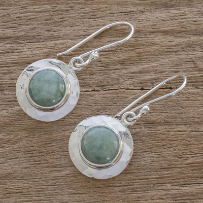 Jade dangle earrings, 'Maya Planets' - Handmade Light Green Jade and Sterling Silver Earrings