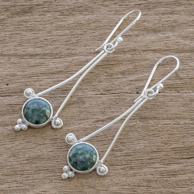 Jade dangle earrings, 'Mixco Harmony in Dark Green - Handmade Guatemalan Jade Dangle Earrings