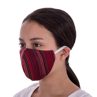 Cotton face masks, 'Red Mayan Dreams' (pair) - 2 Handwoven Red Tones Cotton Face Masks w/ Head Straps