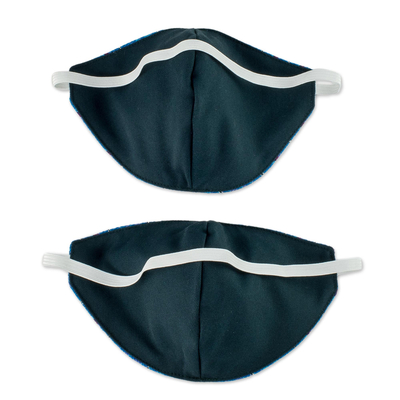 Cotton face masks, 'Blue Mayan Skies' (pair) - 2 Maya Handwoven Blue Cotton Face Masks w/ Head Straps