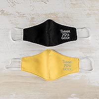 Contoured face masks, 'Thanks in Black and Yellow' (pair) - Washable Contoured Face Masks (Pair)
