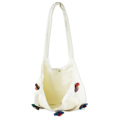 Cotton shoulder bag, 'Union' - Off-White Shoulder Bag with Worry Dolls