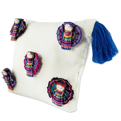 Cotton cosmetics bag, 'Travel with Friends' - Unique Cotton Cosmetics Bag with Worry Dolls