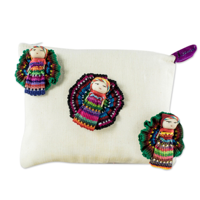 Cotton cosmetics bag, 'Travel Companions' - Artisan Crafted Worry Doll Cosmetic Bag