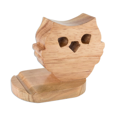 Wood cellphone holder, 'Nocturnal Friend' - Hand Carved Owl Cellphone Holder