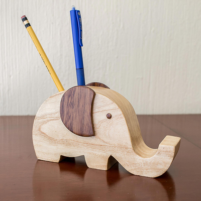 Wood cellphone holder, 'Elephant Friend' - Elephant Cellphone and Pencil Holder